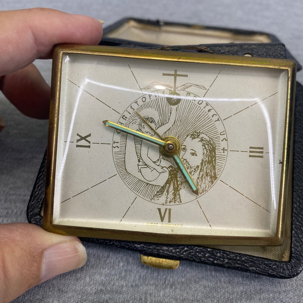 Vintage West Germany St Christopher Travel Alarm Clock Black Leather Case Gold